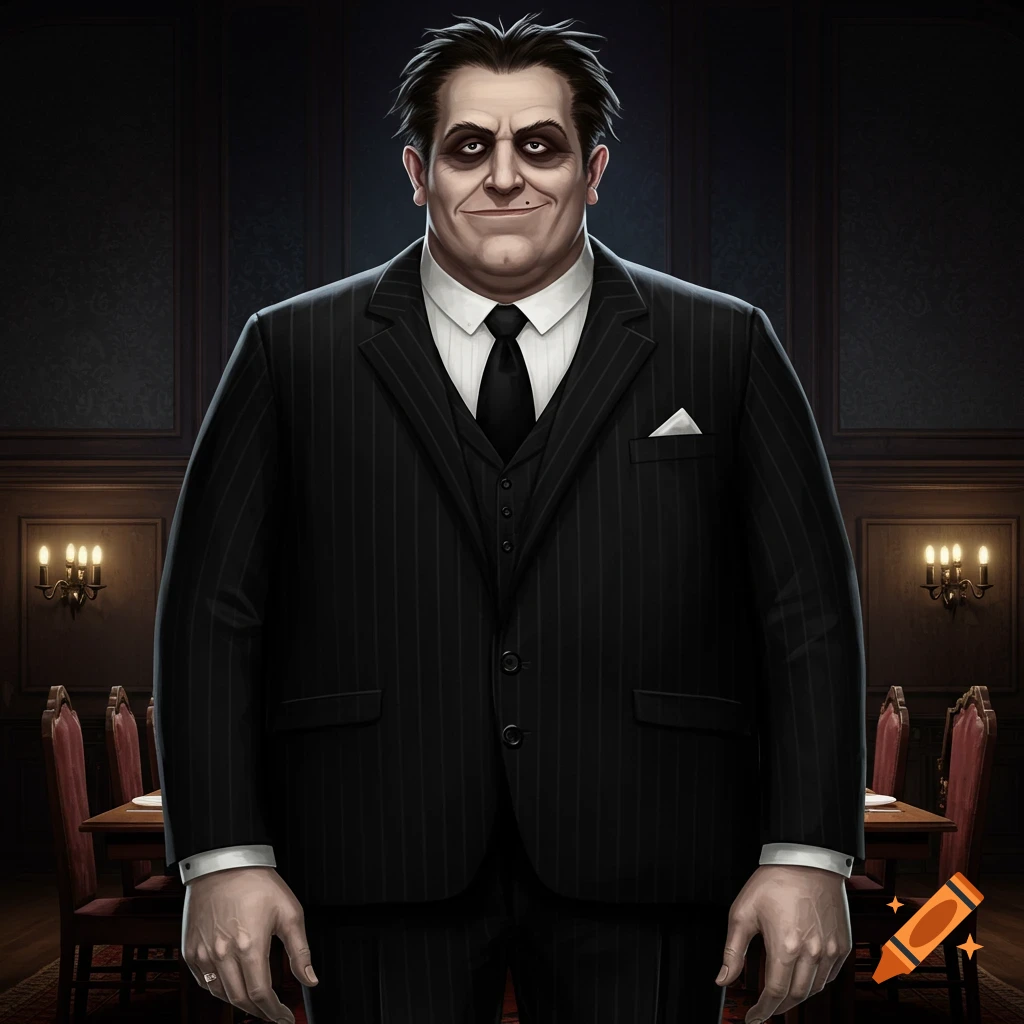 A man in a pinstripe suit, waistcoat, and tie stands in a dark room.