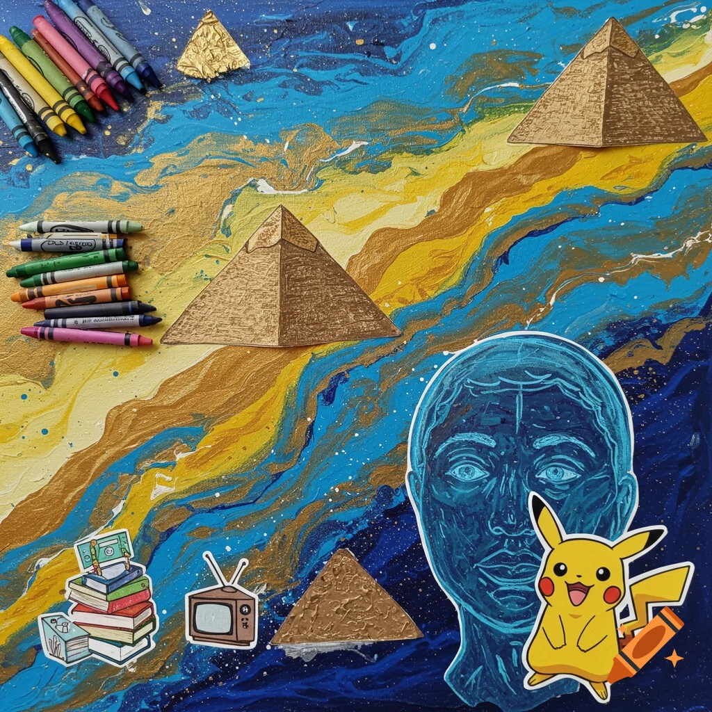 Mixed media artwork with pyramids, crayons, book/TV/Pikachu stickers on a gold and blue swirling background.