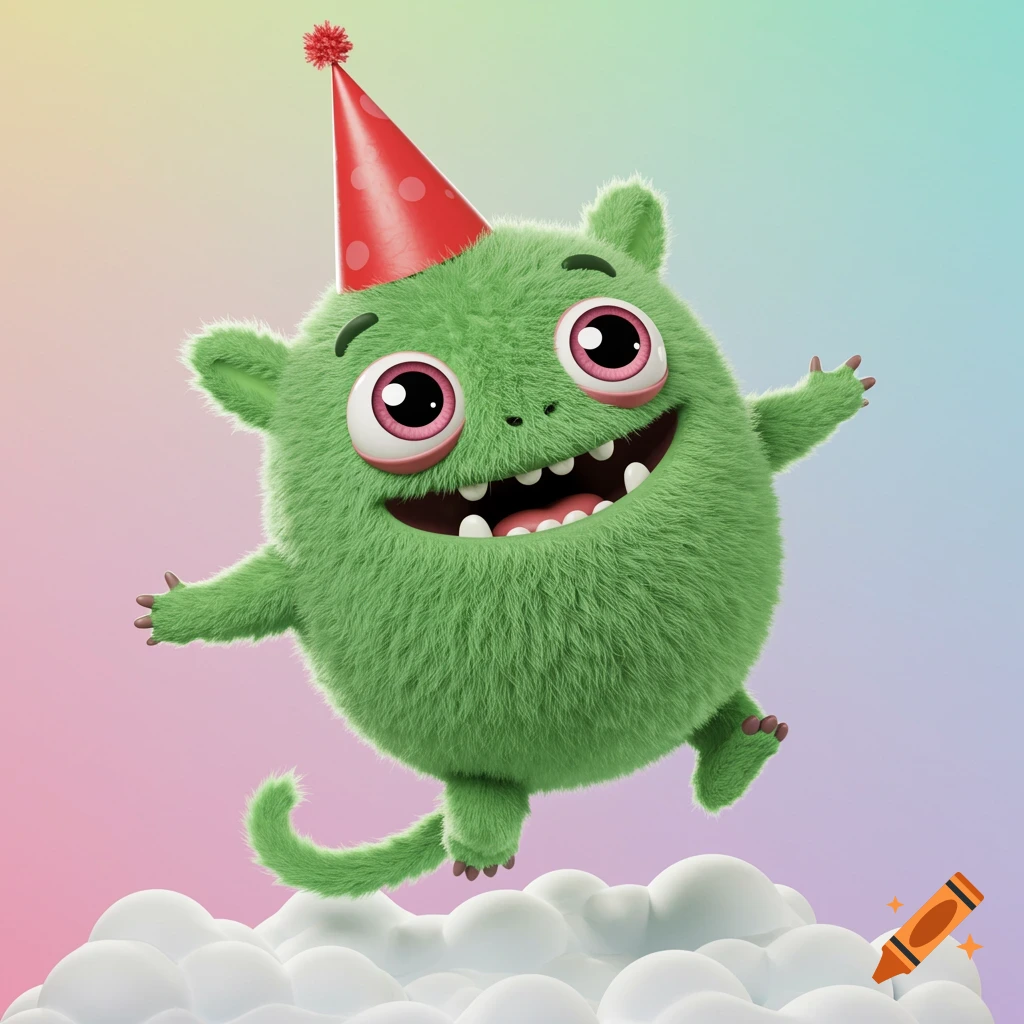 A cute, fluffy green monster wearing a red party hat bounces on a cloud against a pastel background.