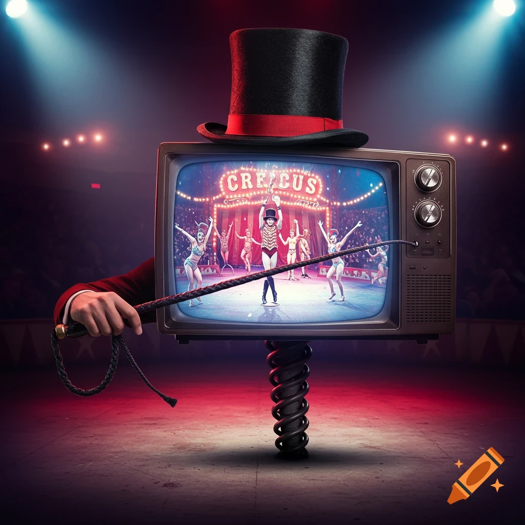 A retro TV with a top hat and whip stands on a spring, displaying a circus scene on its screen in a digital art style.