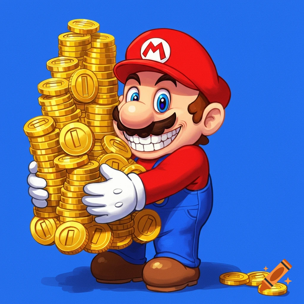 Mario the video game character holds a large stack of gold coins and smiles