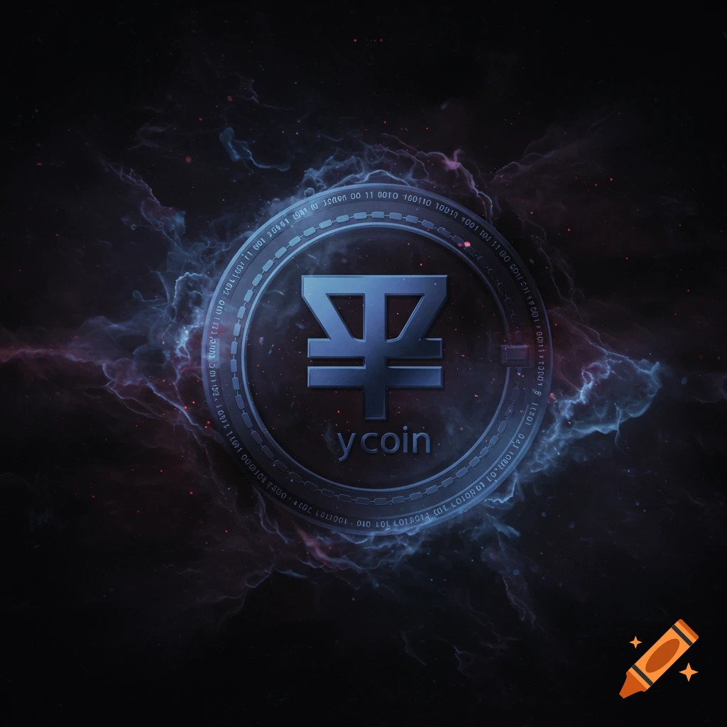A cryptic digital logo with a symbol and 'ycoin' text inside a circle, surrounded by binary code and set against a dark cosmic nebula.