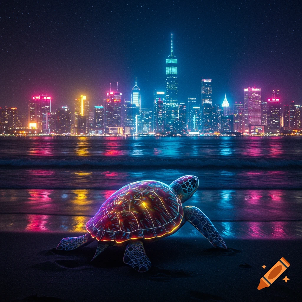 A glowing turtle walks towards a neon-lit city skyline across a beach at night.