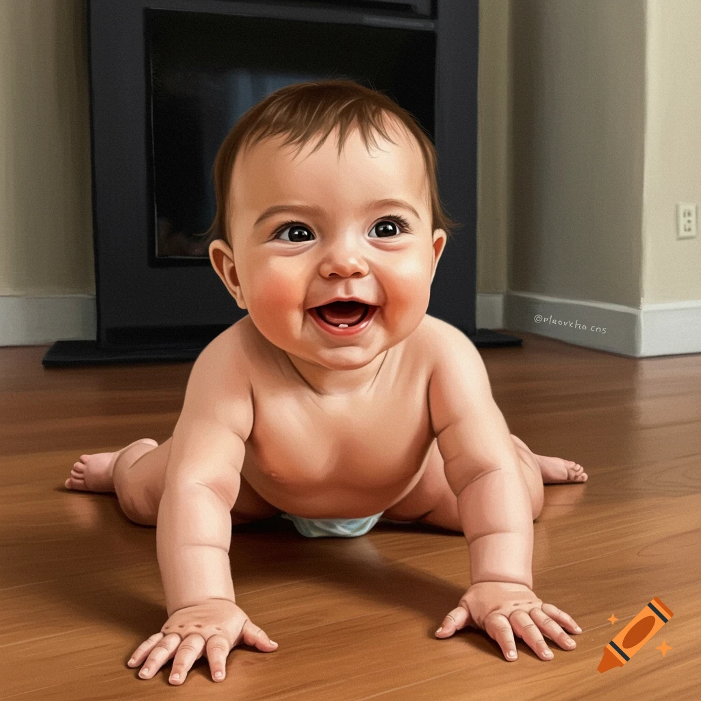 A smiling baby is crawling on a wooden floor.