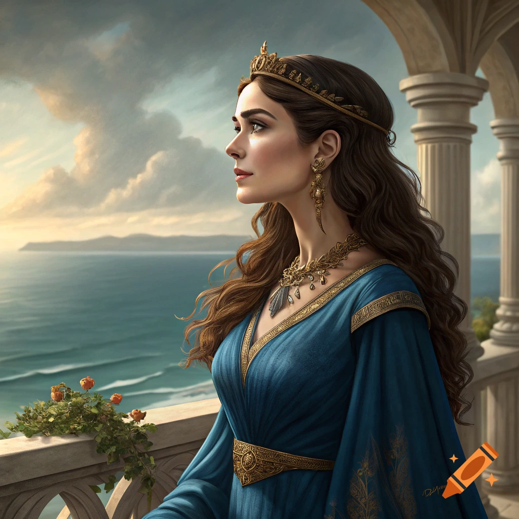 A noble lady in a blue dress and golden jewelry looks out over the ocean from a balcony.