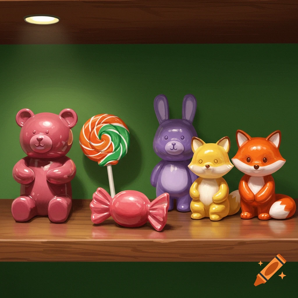 toy statues and candy on a shelf