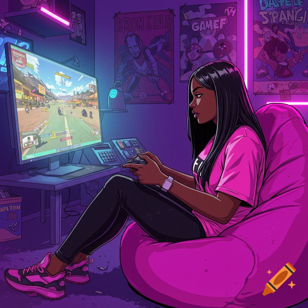 Black woman playing video game on bean bag chair in neon-lit room.