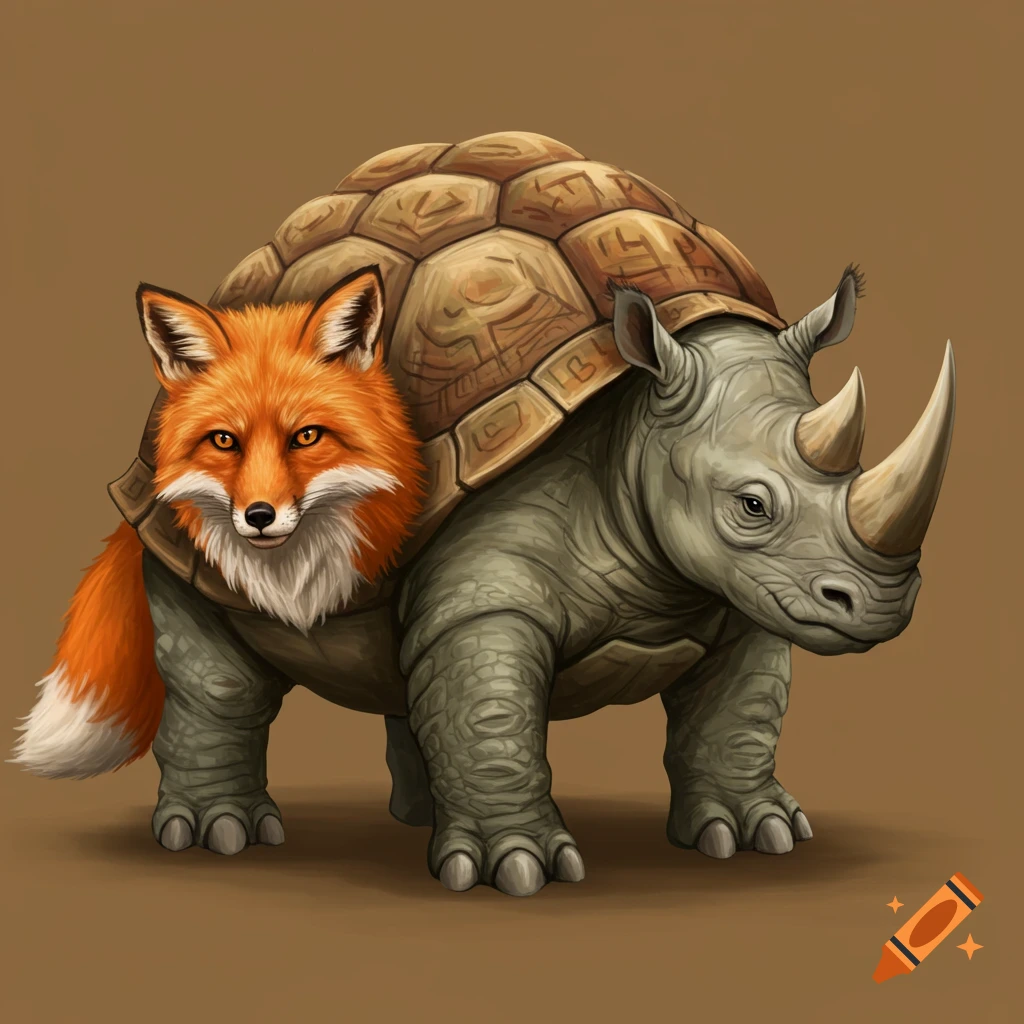 A hybrid creature that is part fox, part turtle, and part rhino.