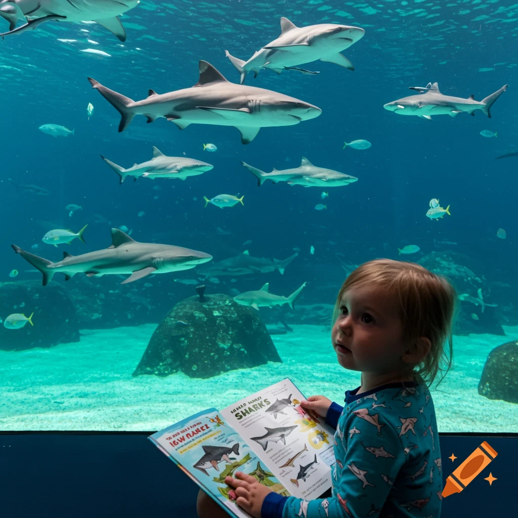 A child in shark pajamas reads a shark book in front of a large aquarium tank filled with sharks.