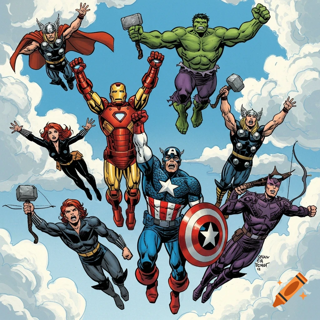 Comic style drawing of The Avengers flying in a blue sky with clouds.