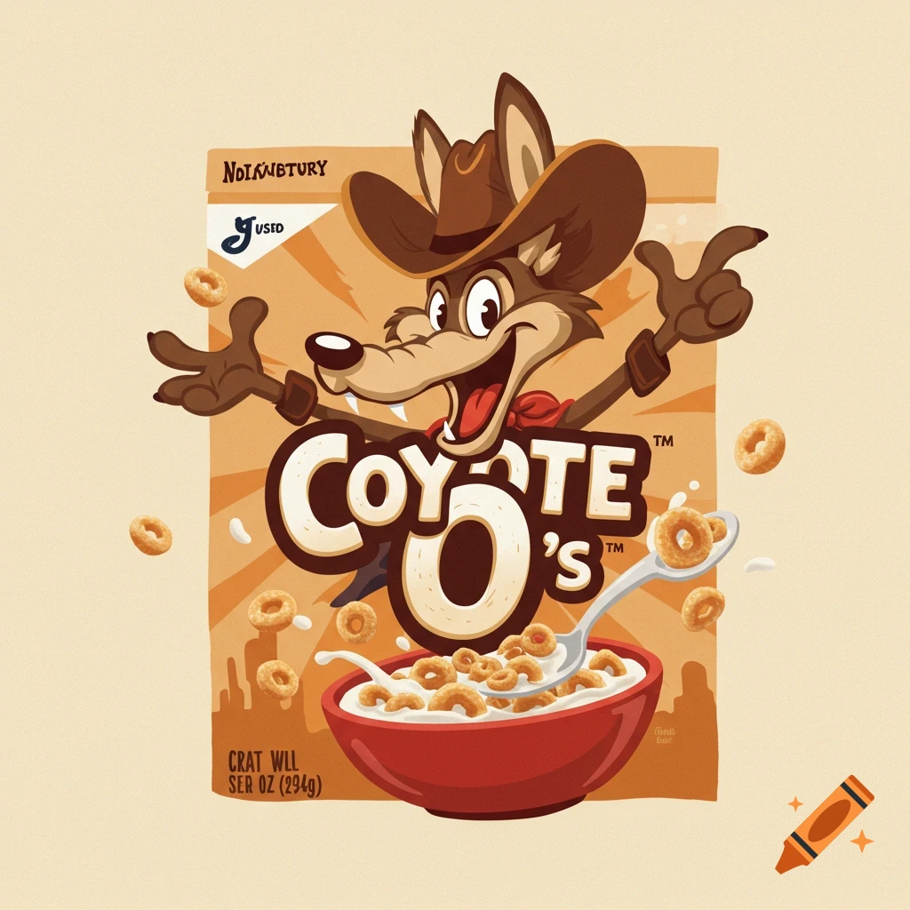Cartoon illustration of a coyote character on a cereal box, with a bowl of cereal and spoon.
