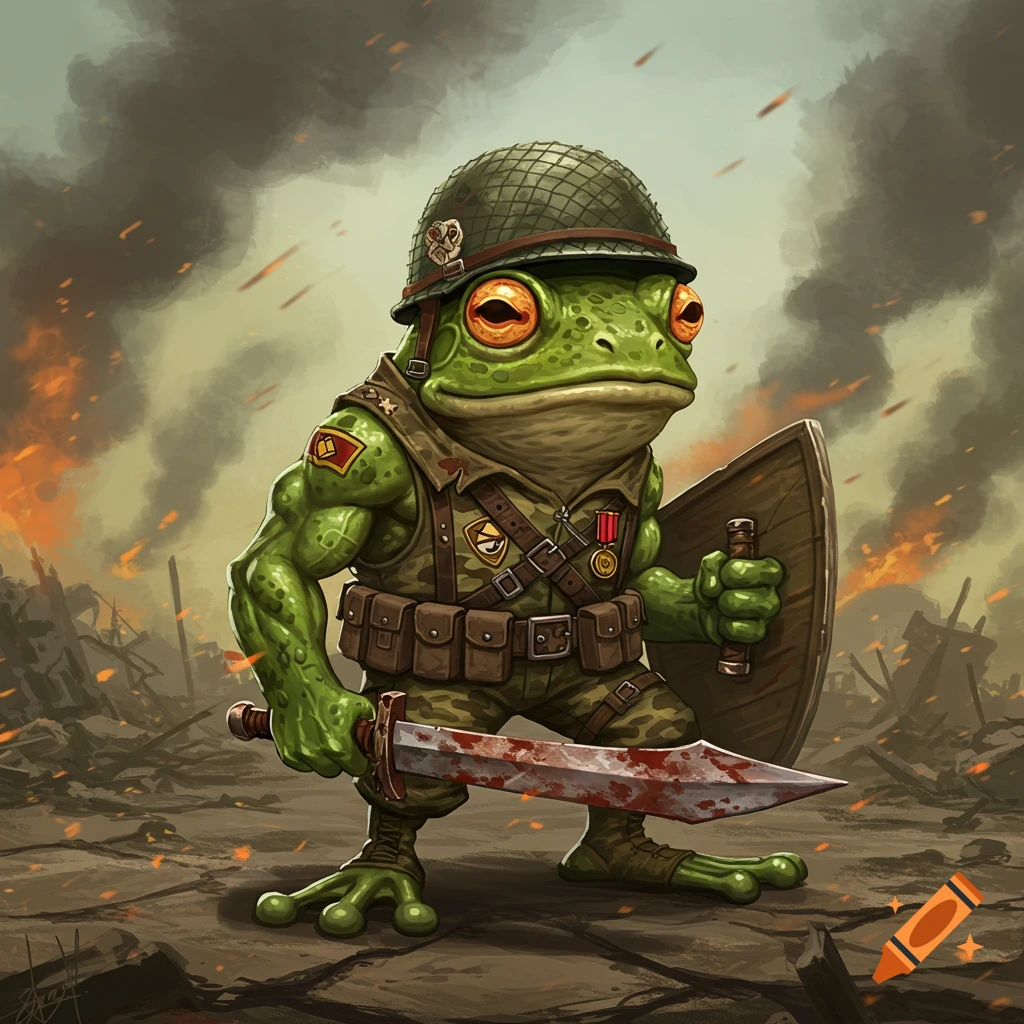 A muscular militant frog in military gear, holding a bloody sword and shield in a warzone.