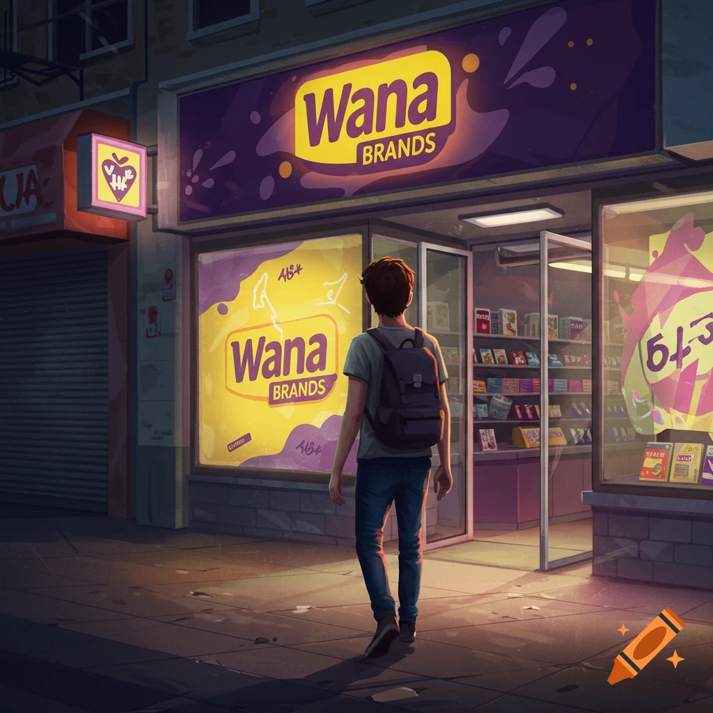 A person walking towards a store sign that says Wana Brands on a street at night.