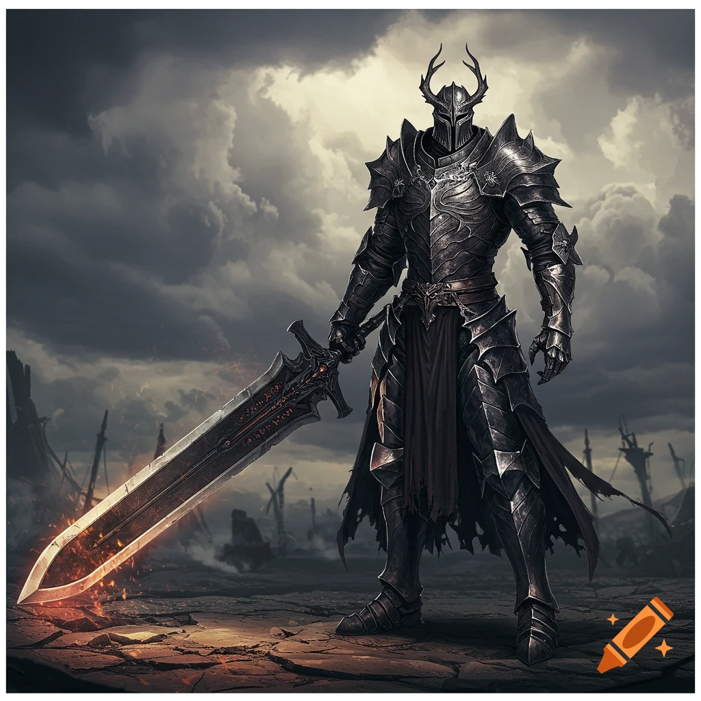 A tall knight in dark fantasy armor with antlers on the helmet stands in a desolate landscape, holding a large sword with a fiery blade.
