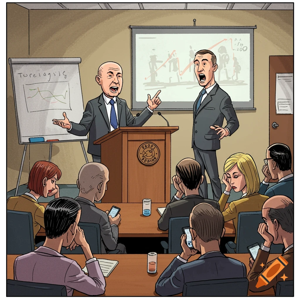 Cartoon illustration of two men giving a presentation to a bored audience looking at their phones.