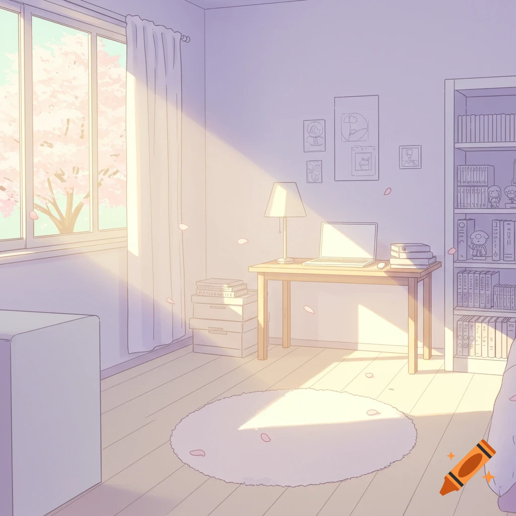 Anime-style bedroom with sunlight filtering through window overlooking cherry blossoms.