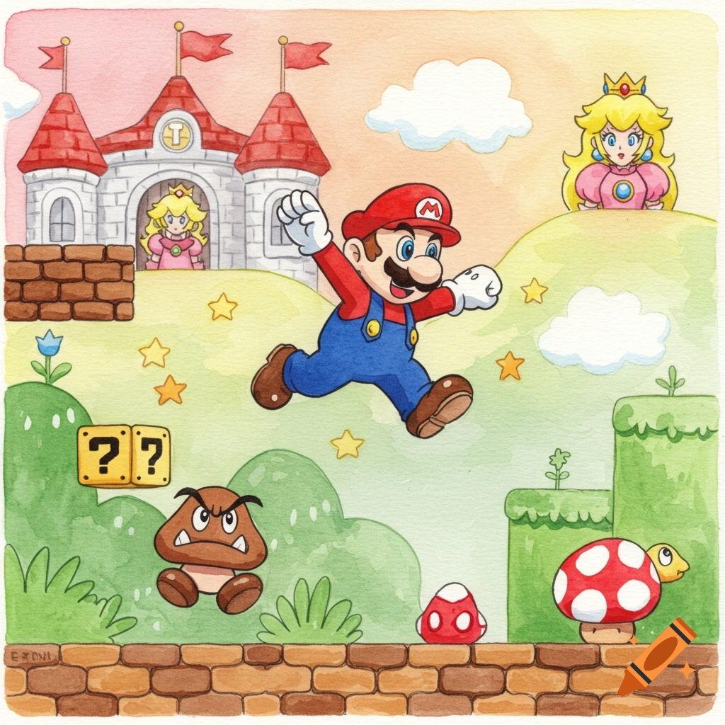 Watercolor painting of Super Mario jumping past question mark blocks, a Goomba, and a Koopa Troopa, with Princess Peach at the castle.
