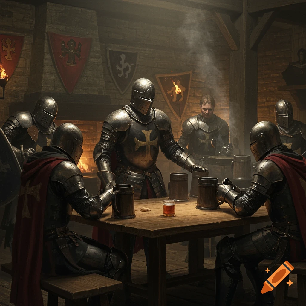 Knights in armor gathered around a table in a tavern, drinking.