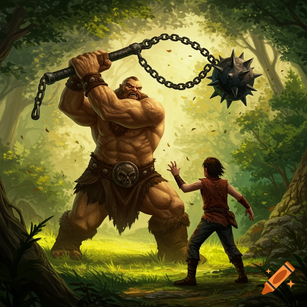 A giant Goliath swings a spiked flail at a teenage bandit in a forest.