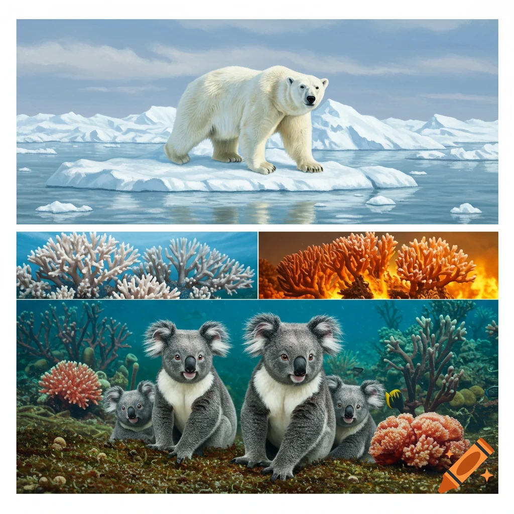 A polar bear is on melting ice, with coral and koalas underwater representing habitat loss.