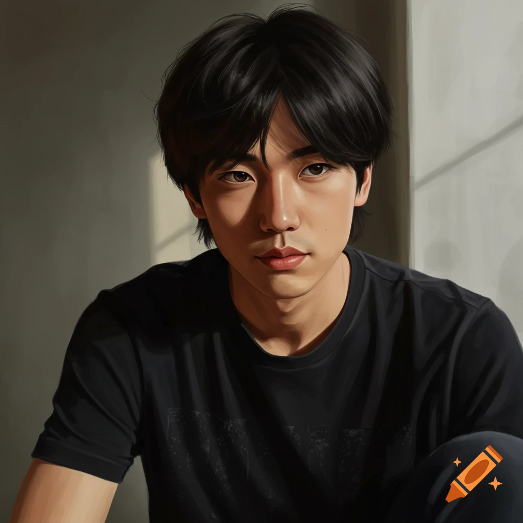 Portrait of a young man with dark hair, wearing a black t-shirt, lit by sunlight.