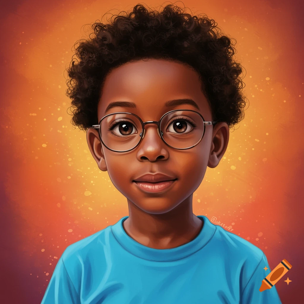 Stylized portrait of a young boy with glasses and curly hair wearing a blue shirt.