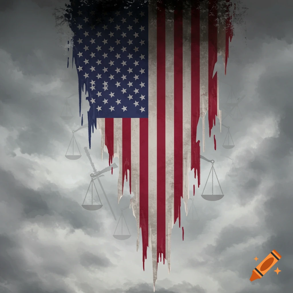Tattered American flag dripping downwards over faded scales of justice visible through stormy clouds.