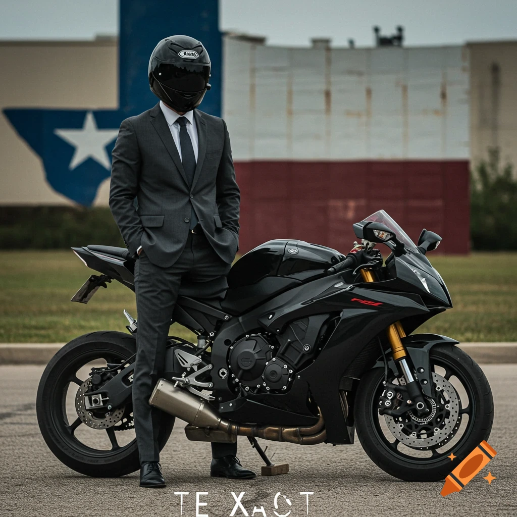 A man in a suit and helmet stands next to a black sport motorcycle, with the Texas flag visible in the background.