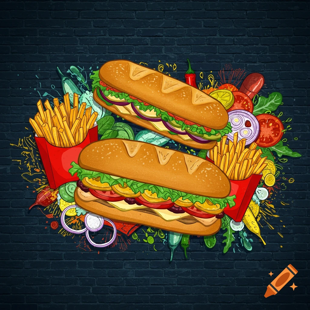 Digital illustration of two sub sandwiches and fries with colorful food-themed graffiti on a dark brick wall background.