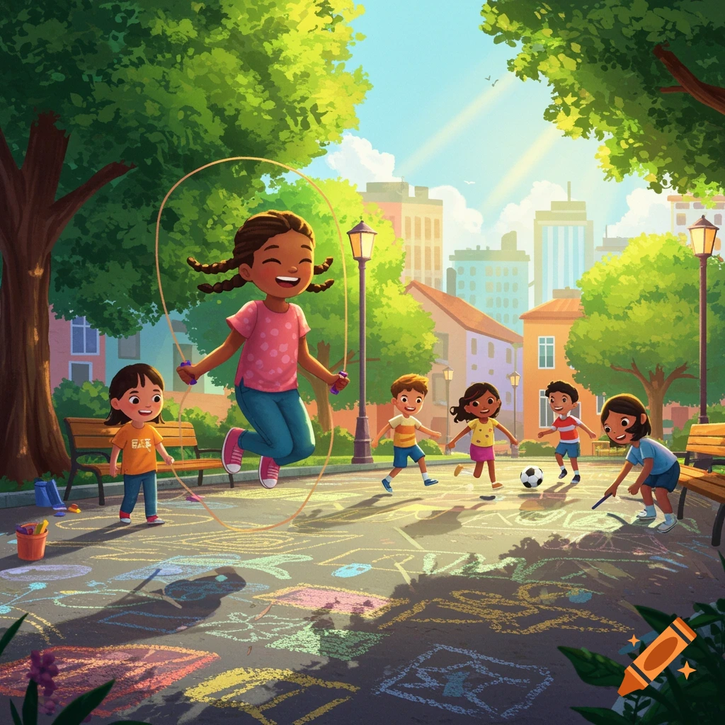 Children play in a sunny park, with one girl jumping rope and others playing soccer and drawing chalk art.
