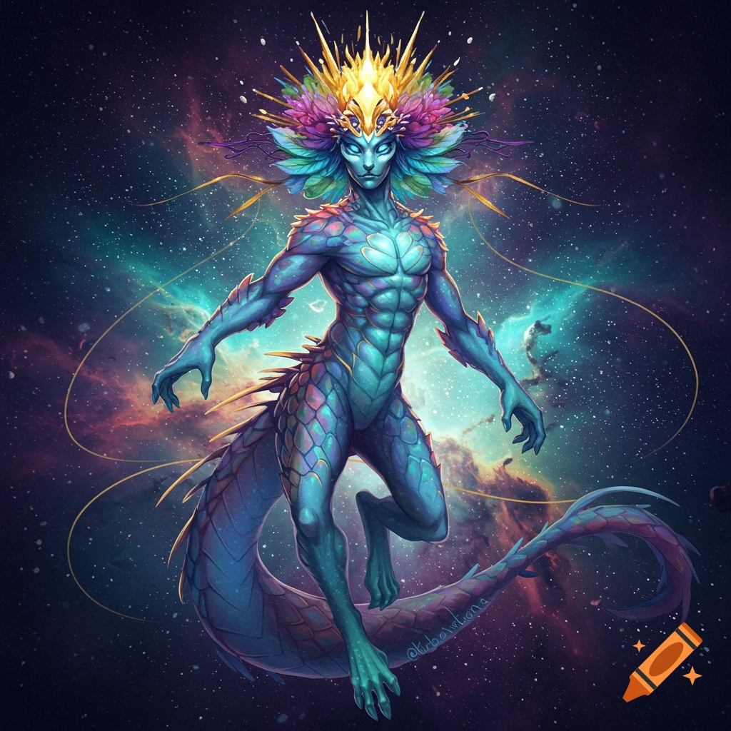 A blue scaled creature with a feathered headdress floats in space.