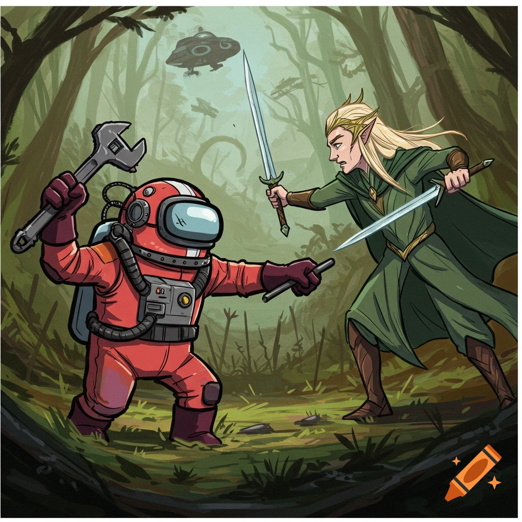 A red Among Us character with a wrench battles a Lord of the Rings style elf with swords in a forest, with UFOs in the sky.