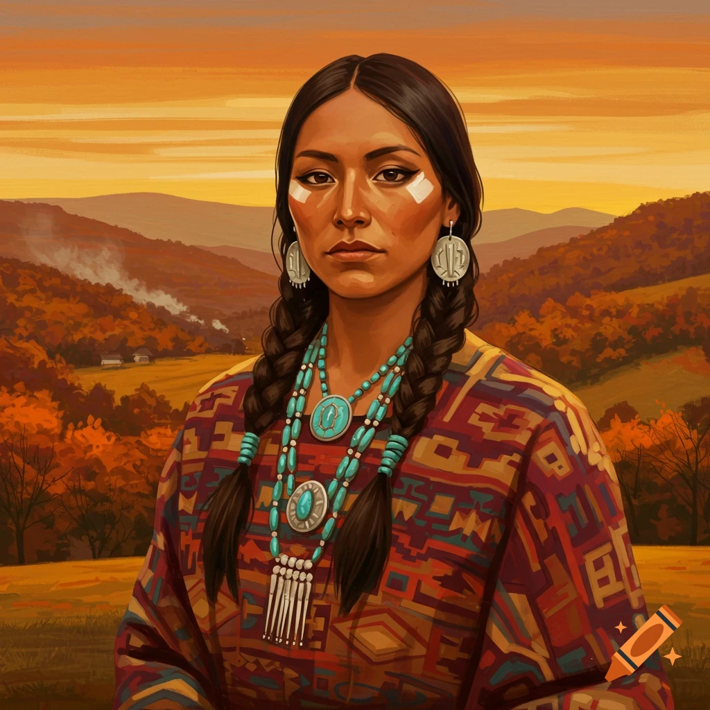 A Native American woman with braids and turquoise jewelry is shown against an autumn landscape.
