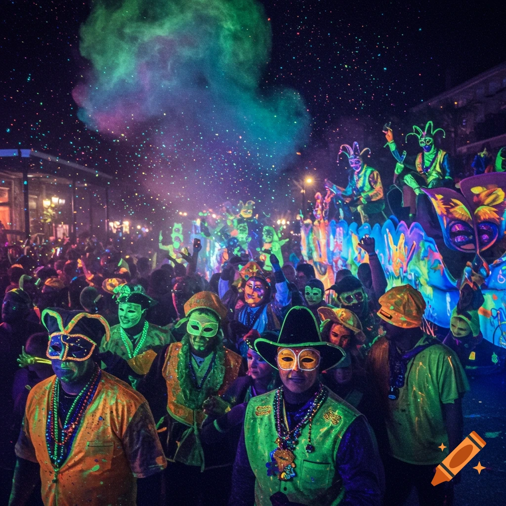 Black light Mardi Gras parade with masked crowds, colorful lights, and confetti, digital art style