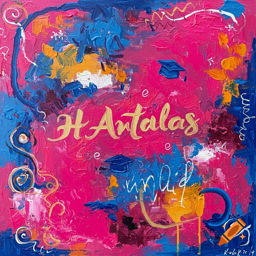 Vibrant abstract painting in pink, blue, and yellow with gold text and graduation cap symbols.