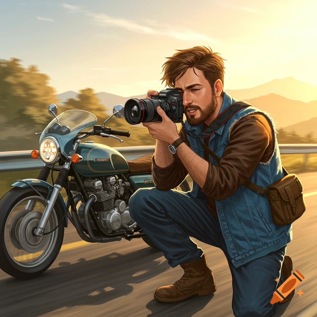 A man kneeling beside a motorcycle taking a photo on a road.