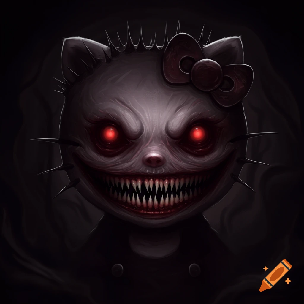 A scary image of a monstrous Hello Kitty with red eyes and sharp teeth.