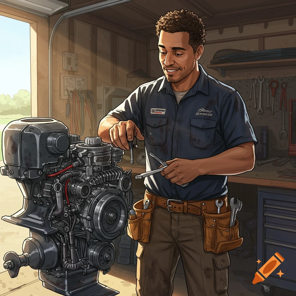 An illustration of a man working on a boat motor in a garage.