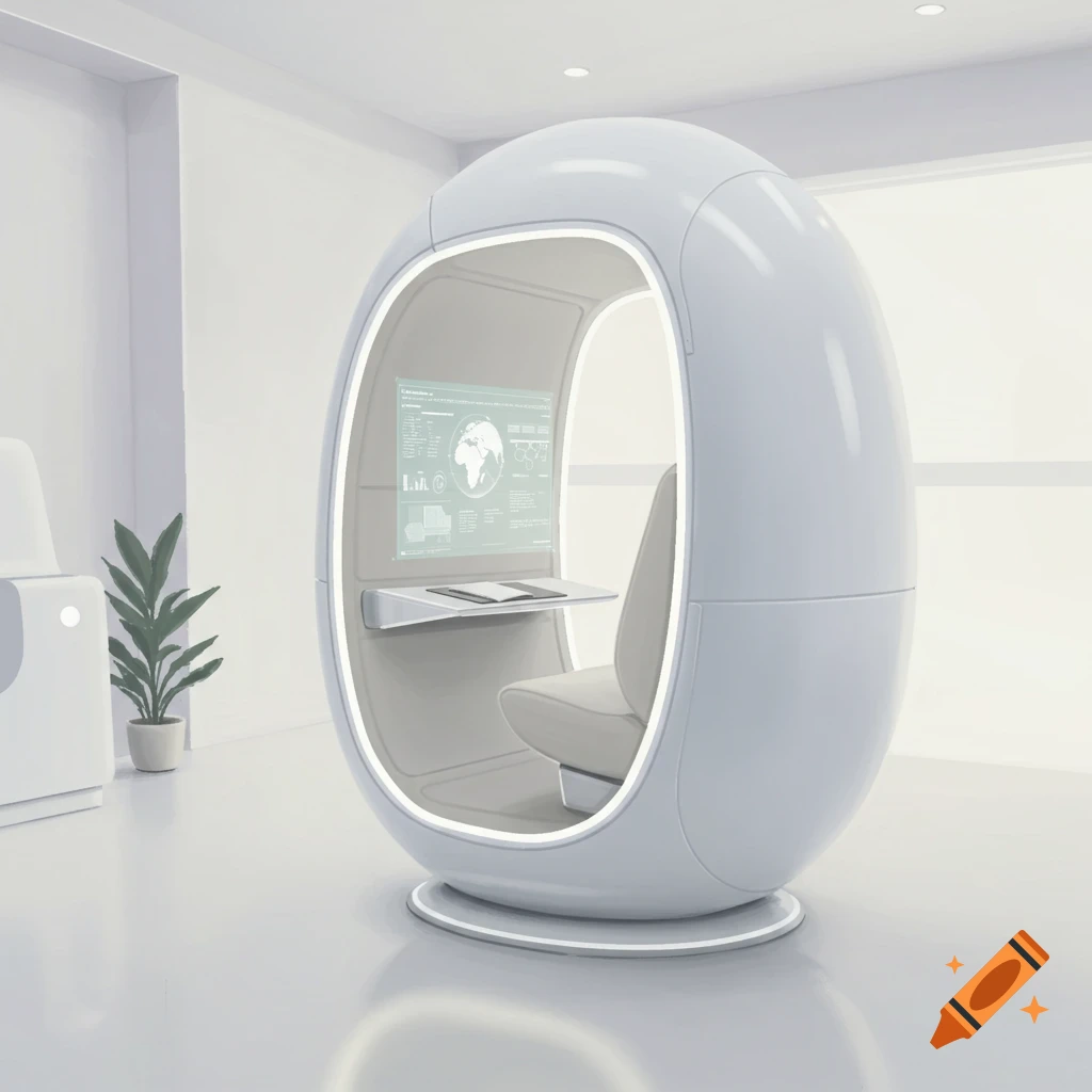 A white, egg-shaped futuristic study pod with a screen inside, in a bright room.