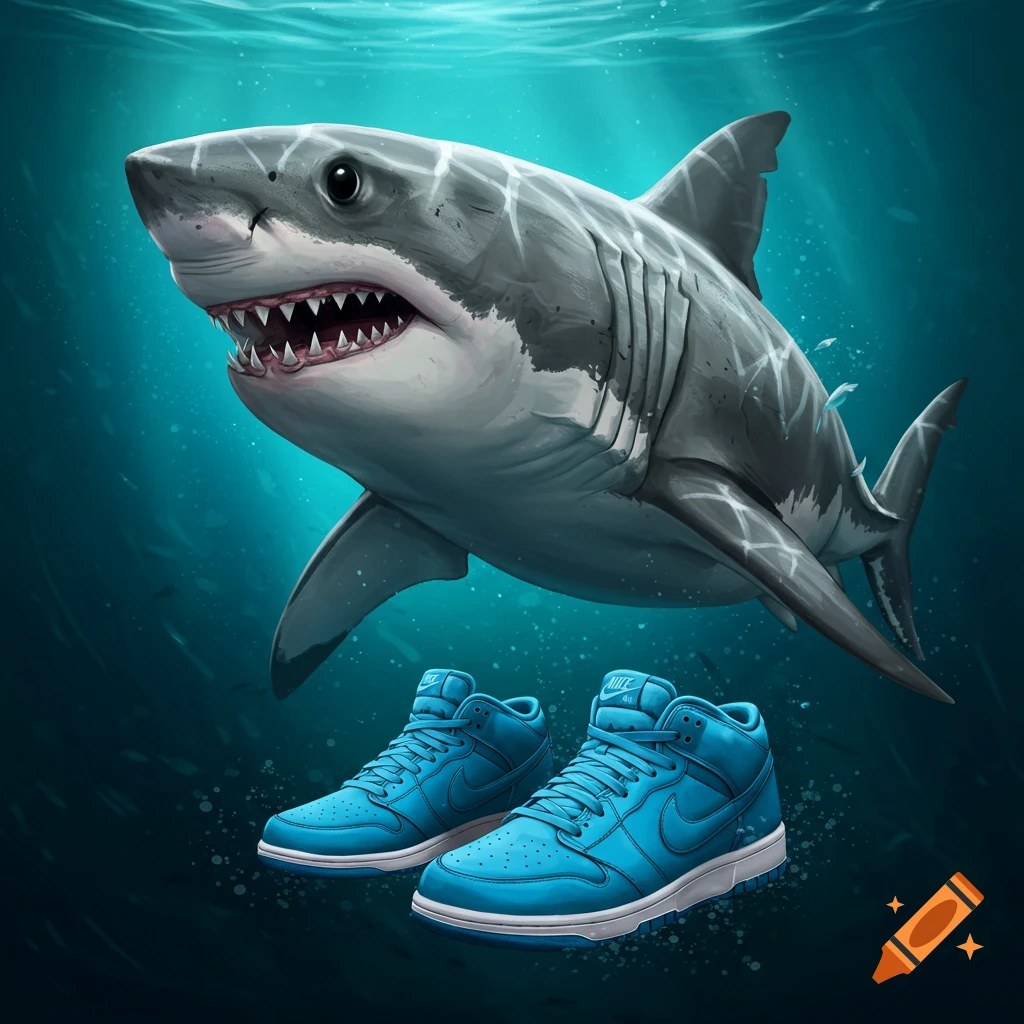 A great white shark swims above blue sneakers underwater.