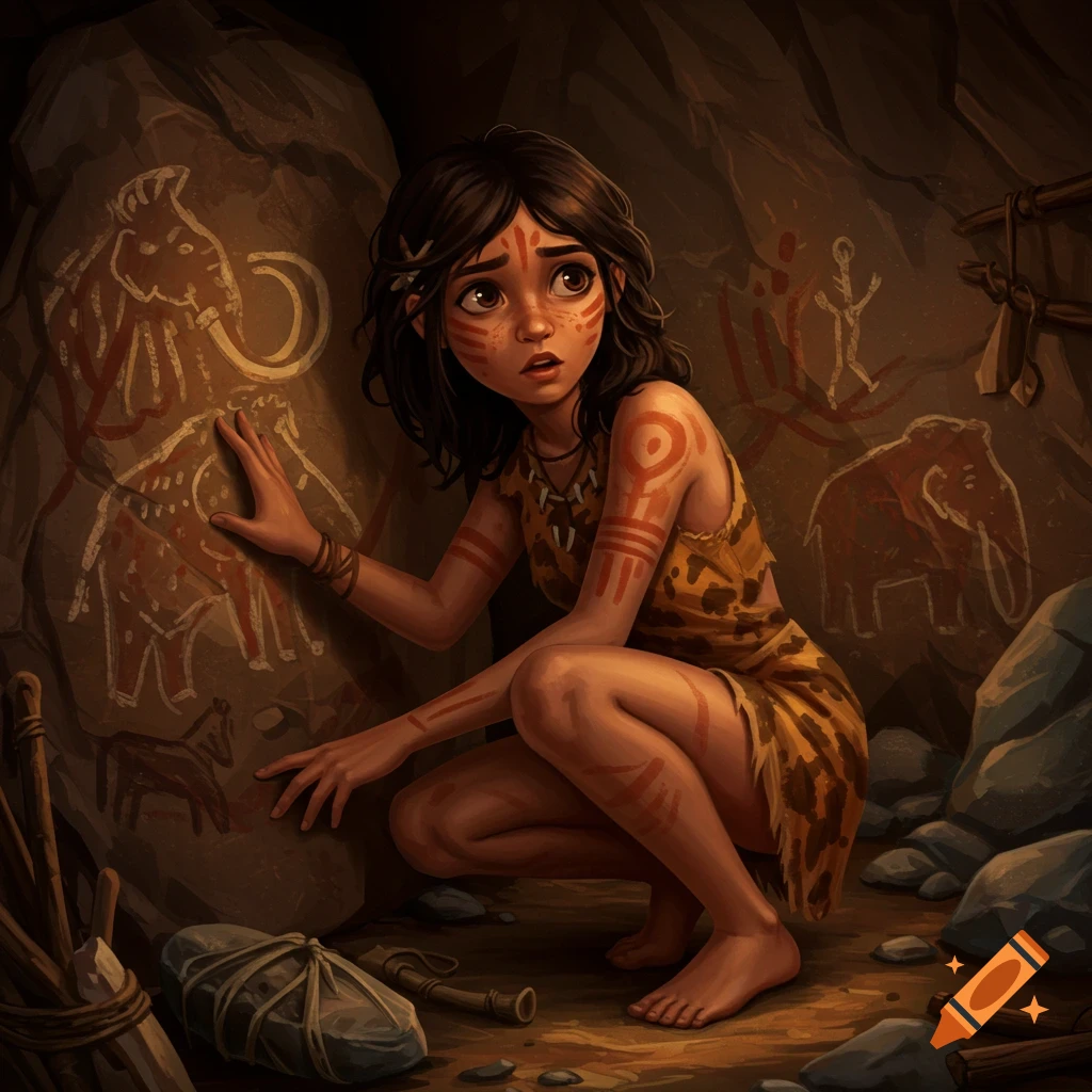 A young cave girl looks at cave paintings