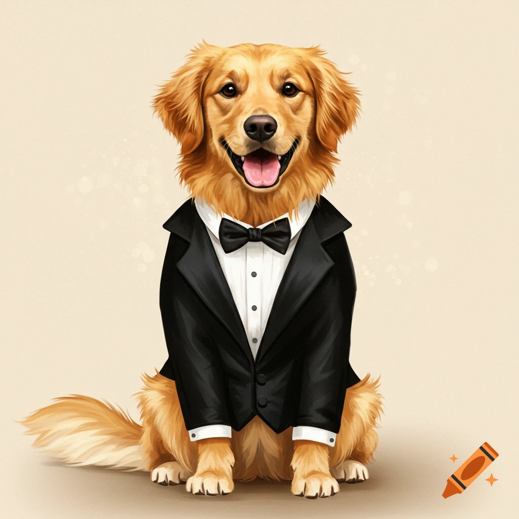 A golden retriever dog sitting while wearing a black tuxedo and bowtie.