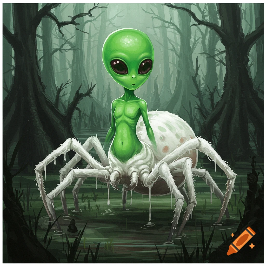 A green alien creature sitting on a giant white spider in a swamp.