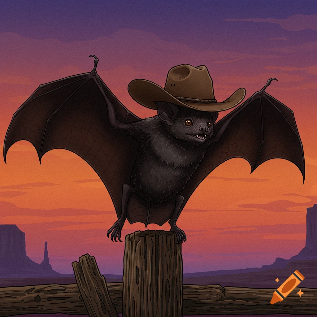 A bat in a cowboy hat perched on a fence post at sunset in a desert.