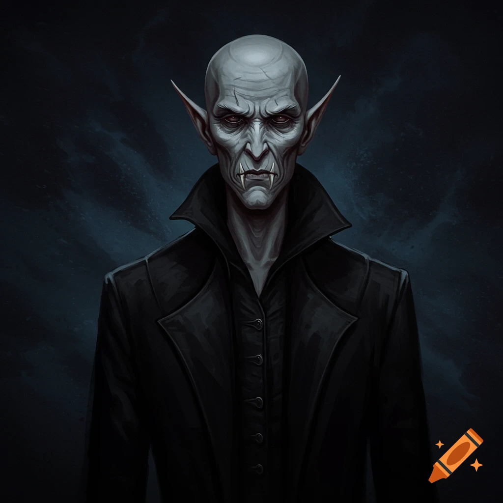 A bald fantasy creature with pointed ears, fangs, red eyes, and a black coat.