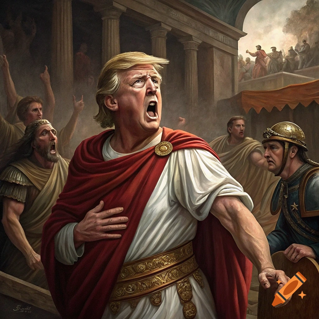 Donald Trump as Julius Caesar addresses a crowd in a scene resembling a classical painting.