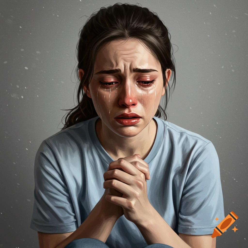 A young woman is crying with her hands clasped.
