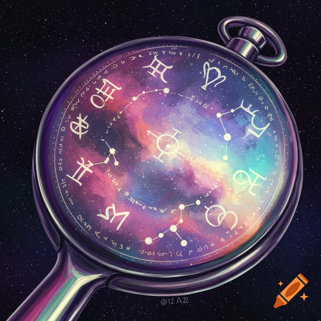 A pocket mirror with celestial symbols and a nebula reflecting on its surface.