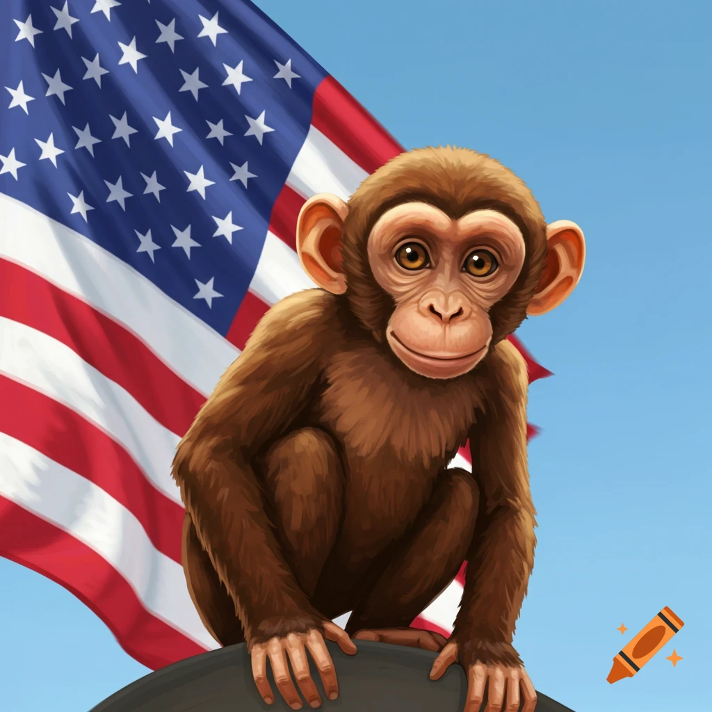 A monkey in front of an American flag