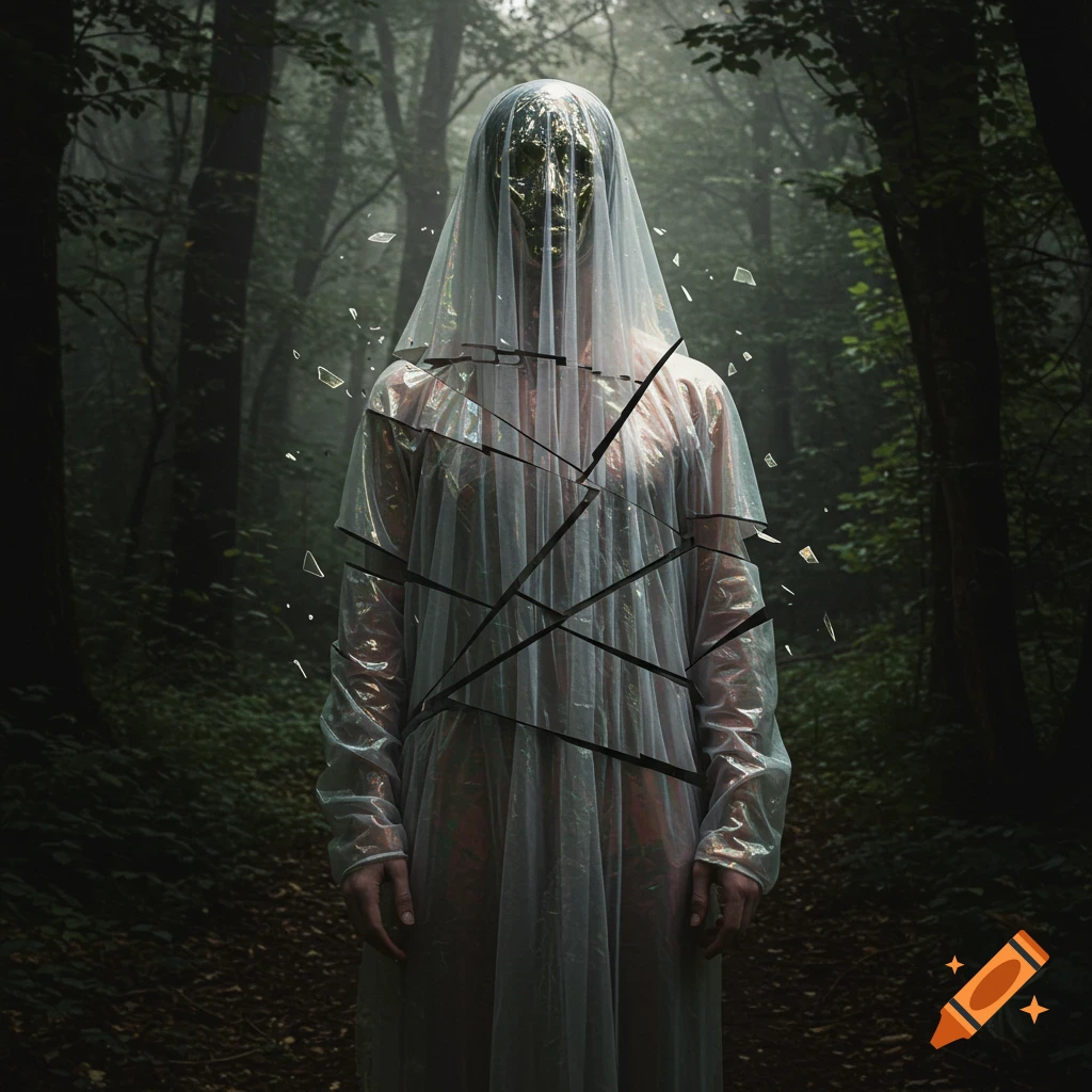 A figure in a transparent veil with a distorted, reflective face and fragmented appearance stands in a dark forest.